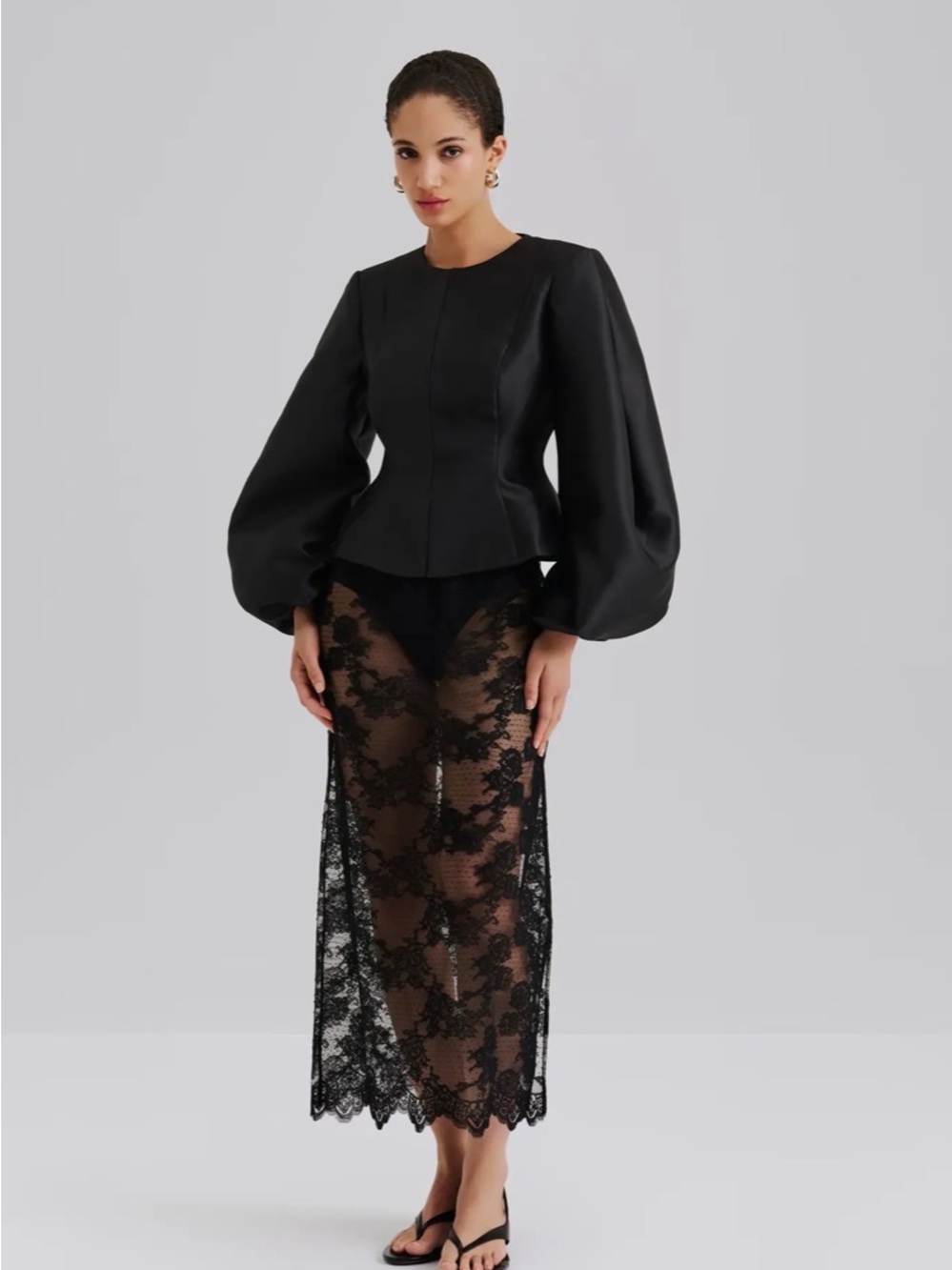 By Malina Women's Black Peplum Blouse with Statement Balloon Sleeves size US 10